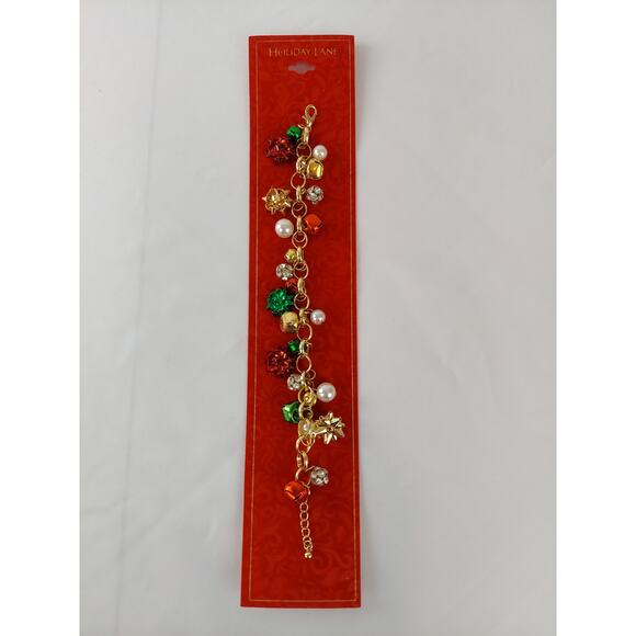 Holiday Lane Tri-Tone  Crystal, Imitation Pearl & Bow Jingle Bell Charm Bracelet - Picture 1 of 5